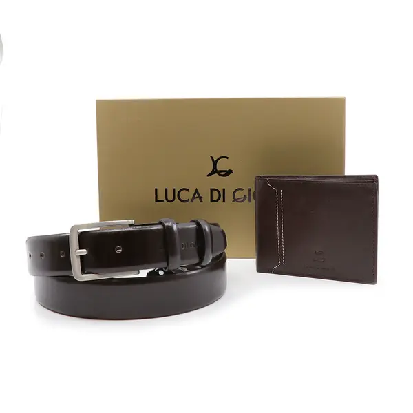 Set bărbați Luca di Gioia curea și portmoneu maro închis din piele 336BCADOULG01TDM