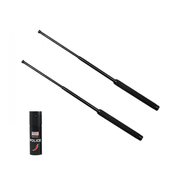 Set bastoane telescopice pliabile si spray paralizant chili, DEPOX , 64 cm 60 ml, maner antiderapant, negru