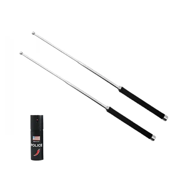 Set bastoane telescopice pliabile si spray paralizant chili, DEPOX , 51 cm 60 ml, maner antiderapant, argintiu