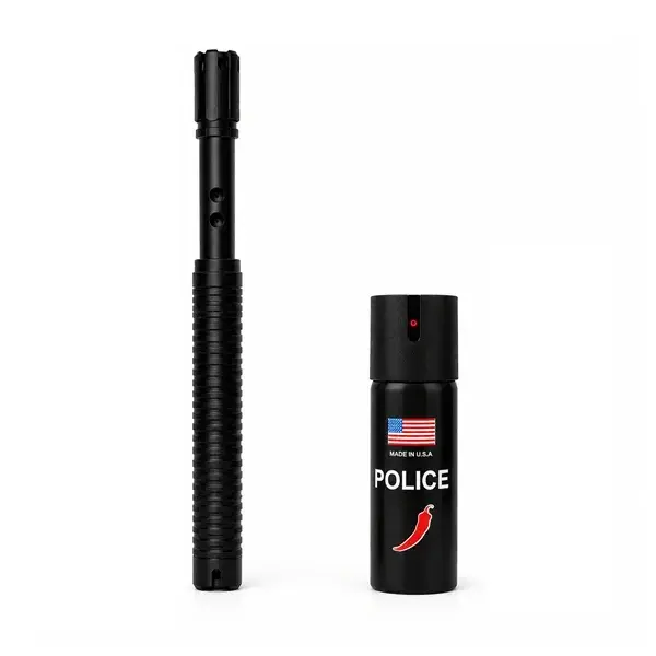 Set baston cu electrosoc extensibil si spray paralizan chili DEPOX , negru, full metalic, 49 cm 60 ml