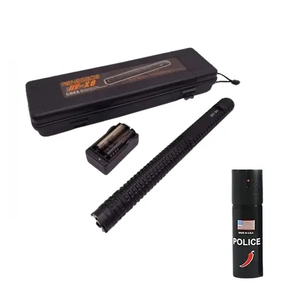 Set baston electrosoc lanterna si spray paralizant chili DEPOX , metalic, 35 cm 60 ml, negru, cutie inclusa