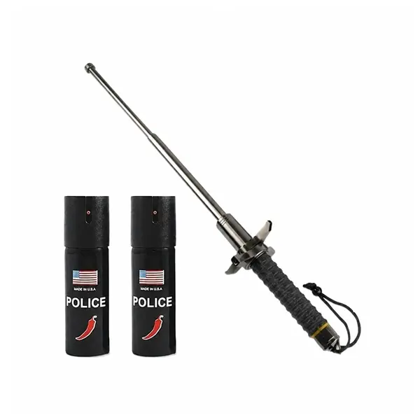Set baston telescopic cu buton si ciocan si 2 x spray autoaparare chili DEPOX , husa inclsa, 24-67 cm 60 ml