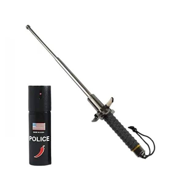 Set baston telescopic cu buton si ciocan si spray autoaparare chili DEPOX , husa inclsa, 24-67 cm 60 ml