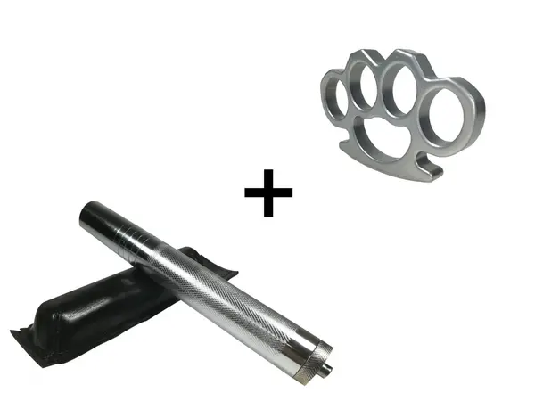 Set baston telescopic din otel, argintiu, 64 cm si box argintiu 1 cm grosime