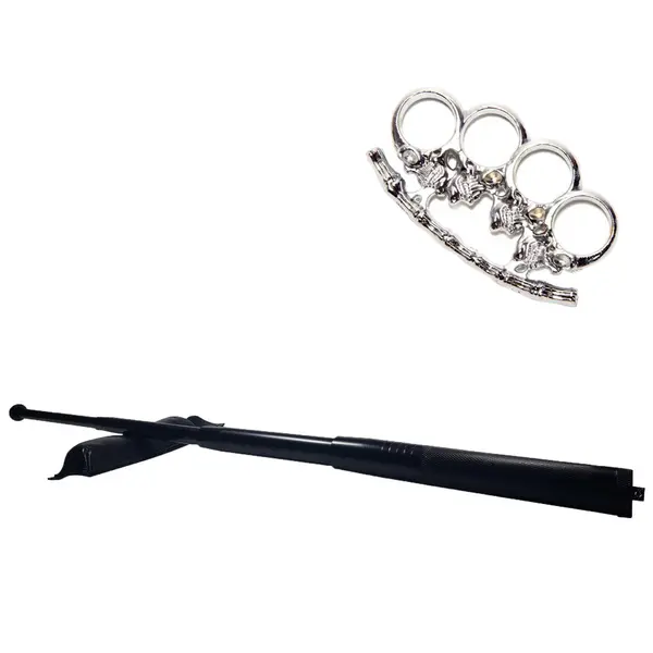 Set baston telescopic din otel, negru, 64 cm + pumnal box craniu argintiu