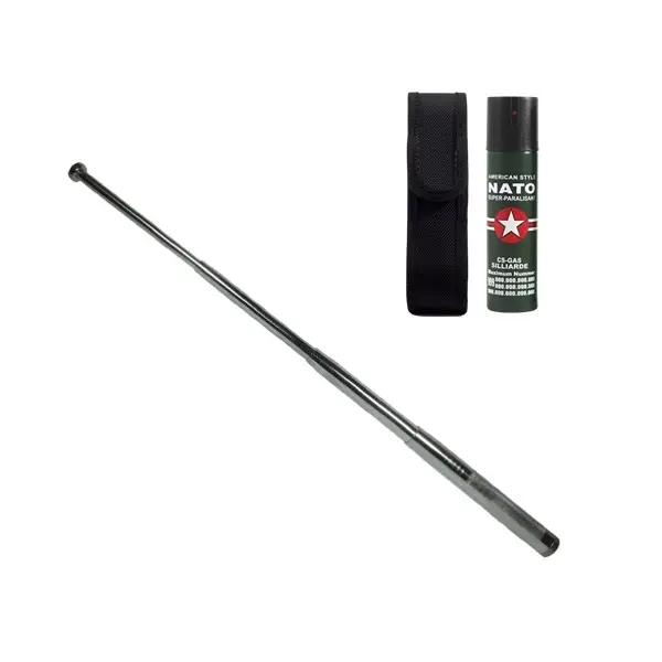 Set baston telescopic din otel si spray paralizant , 110 ml, argintiu, 77 cm, 4 sectiuni , husa inclusa