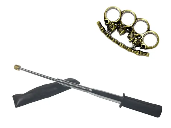 Set baston telescopic flexibil argintiu, maner cauciuc, 47 cm si pumnal box crani