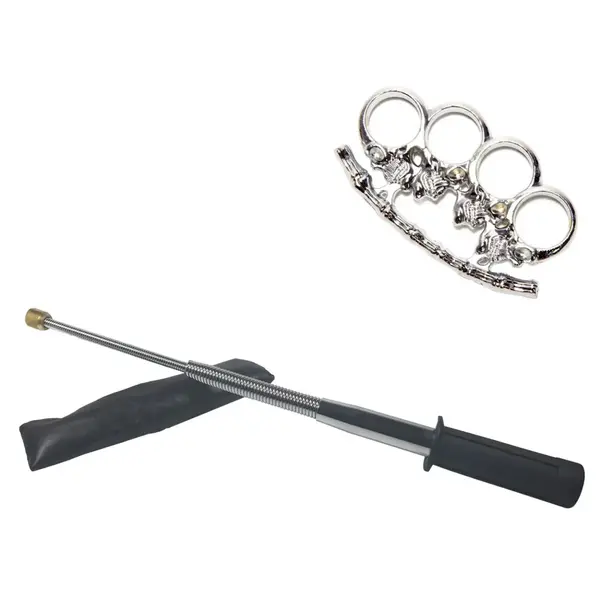 Set baston telescopic flexibil argintiu, maner cauciuc, 47 cm si pumnal box craniu argintiu
