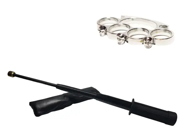 Set baston telescopic flexibil negru 47 cm si box craniu argintiu