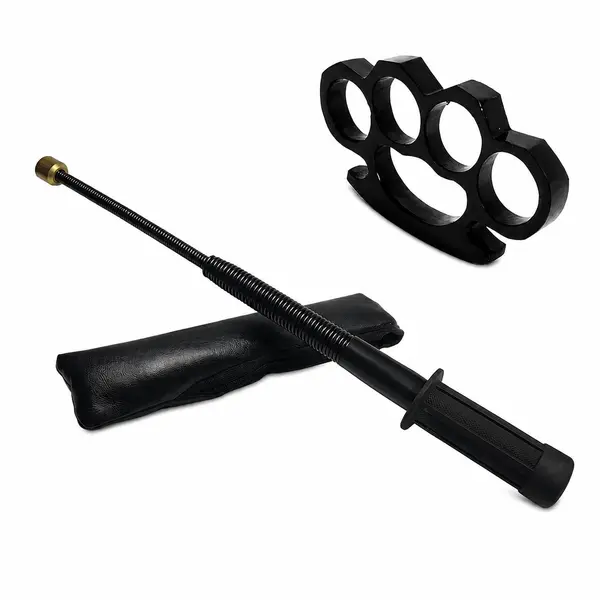 Set baston telescopic flexibil negru maner tip tonfa 47 cm + box negru 0.5 cm grosime