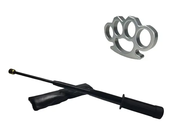 Set baston telescopic flexibil negru maner tip tonfa 47 cm si box argintiu 0,5 cm grosime