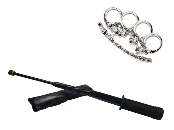 Set baston telescopic flexibil negru si pumnal box craniu argintiu
