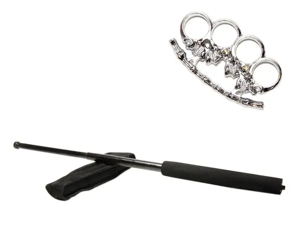Set baston telescopic negru 50 cm si pumnal box craniu argintiu
