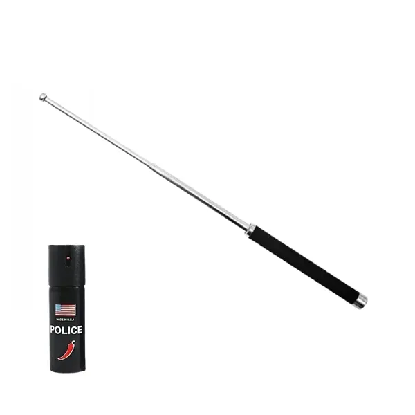 Set baston telescopic pliabil si spray paralizant chili DEPOX , 65 cm 60 ml, argintiu, husa inclusa
