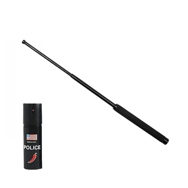 Set baston telescopic pliabil si spray paralizant chili, DEPOX , 51 cm 60 ml, maner antiderapant, negru