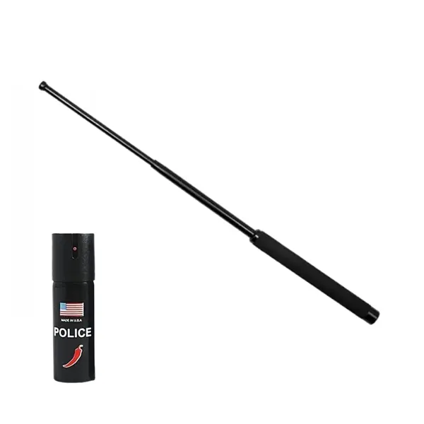 Set baston telescopic pliabil si spray paralizant chili, DEPOX , 64 cm 60 ml, maner antiderapant, negru