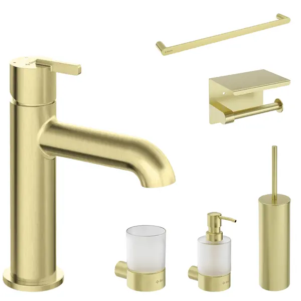 Set baterie lavoar Deante Silia si accesorii baie Deante Round, auriu periat