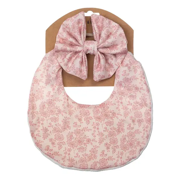 Set Baveta Reversibila Si Bentita pentru Copii cu Flori - Alb Roz