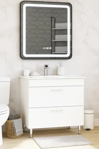 Set Baza cu Lavoar si Oglinda cu iluminare LED, seria 067, cu sertare, 70 cm, alb