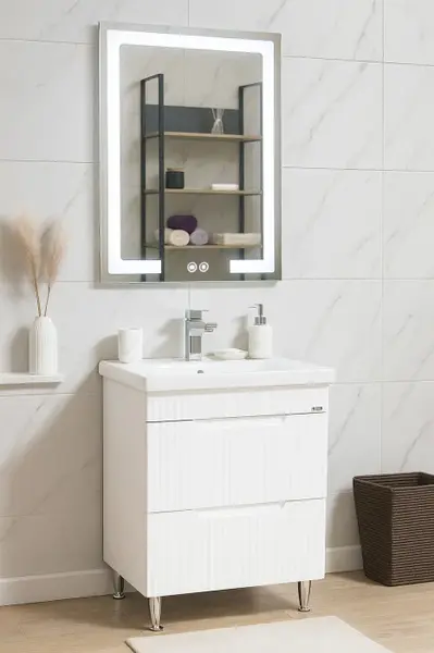 Set Baza front MDF cu Lavoar si Oglinda cu iluminare LED, seria 733, cu sertare, montat, 60 cm, alb