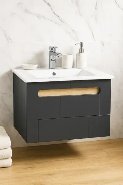 Set Baza front MDF si Lavoar seria 032, suspendata, cu sertar, montat, 60 cm, antracit + sonoma