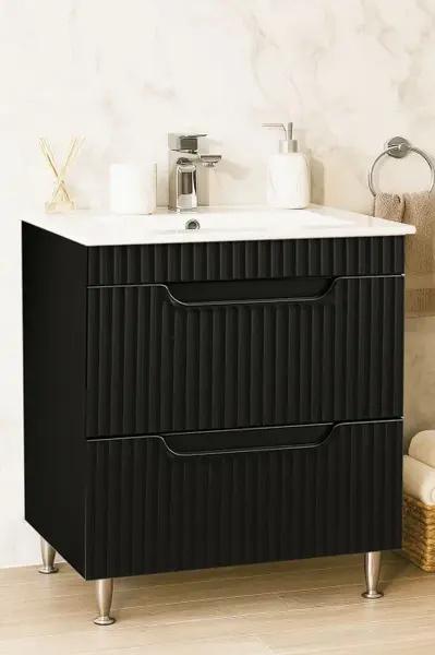 Set Baza front MDF si Lavoar seria 033, cu sertare, montat, 70 cm, negru