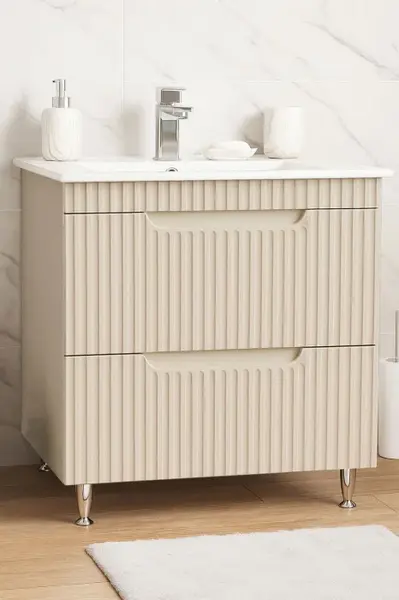 Set Baza front MDF si Lavoar seria 033, cu sertare, montat, 80 cm, crem