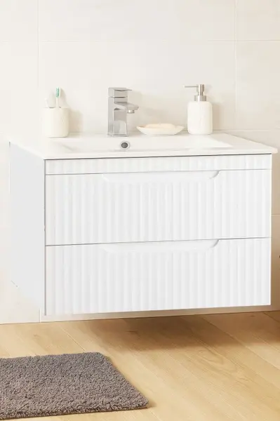 Set Baza front MDF si Lavoar seria 033, suspendata, cu sertare, montat, 80 cm, alb rustic
