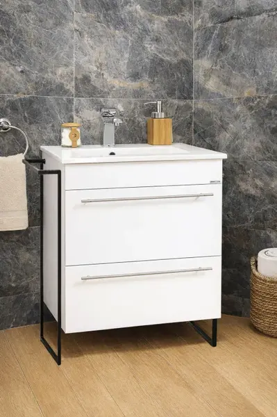 Set Baza front MDF si Lavoar seria 054, cadru metalic, sertare, montata, 60 cm, alb