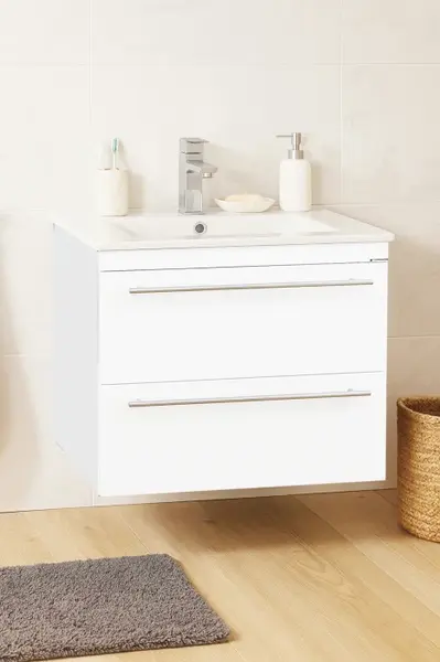 Set Baza front MDF si Lavoar seria 054, suspendata, cu sertare, montat, 60 cm, alb