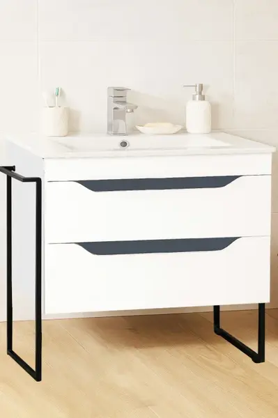 Set Baza front MDF si Lavoar seria 056, cu sertare, cadru metalic, 80 cm, alb + antracit