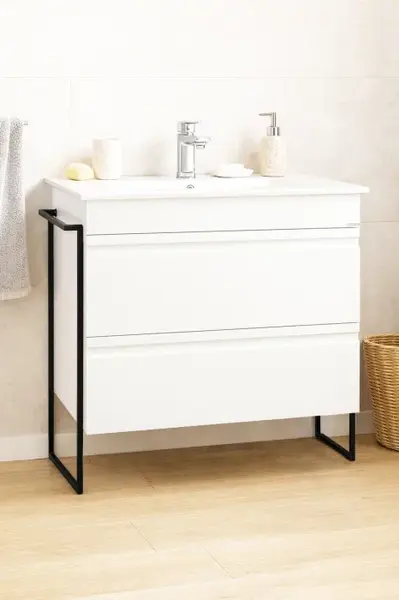 Set Baza front MDF si Lavoar seria 086, cadru metalic, cu sertare, montata, 80 cm, alb