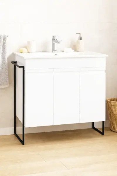 Set Baza front MDF si Lavoar seria 086, cadru metalic, montata, 80 cm, alb