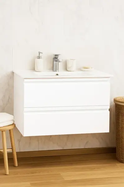 Set Baza front MDF si Lavoar seria 086, suspendata, cu sertare, montat, 80 cm, alb