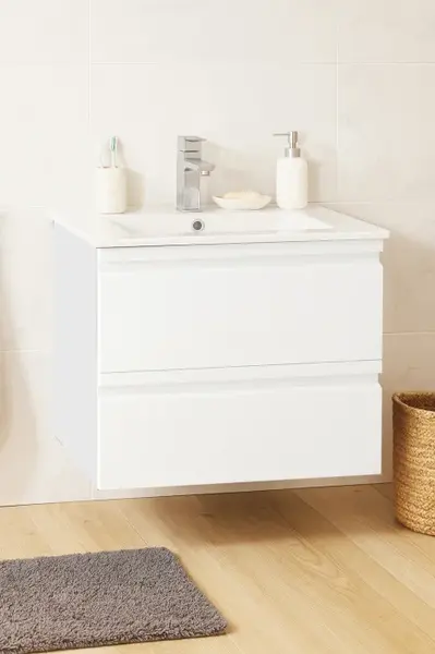 Set Baza front MDF si Lavoar seria 086, suspendata, cu sertare, montat, 60 cm, alb