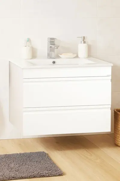 Set Baza front MDF si Lavoar seria 086, suspendata, cu sertare, montat, 70 cm, alb