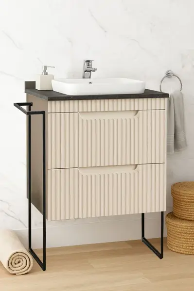 Set Baza front MDF si Lavoar seria 633, cu sertare, cadru metalic, montat, 60 cm, crem