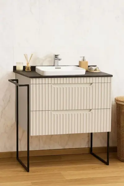 Set Baza front MDF si Lavoar seria 633, cu sertare, cadru metalic, montat, 80 cm, crem