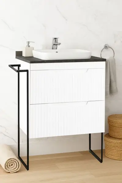 Set Baza front MDF si Lavoar seria 633, cu sertare, cadru metalic, 60 cm, alb rustic