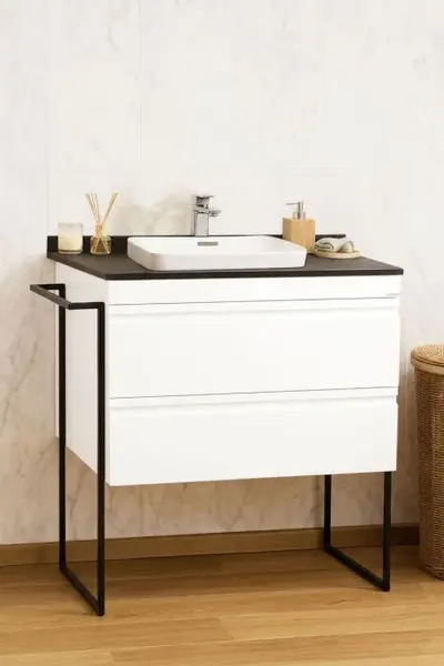 Set Baza front MDF si Lavoar seria 633, cu sertare, cadru metalic, montat, 80 cm, alb rustic