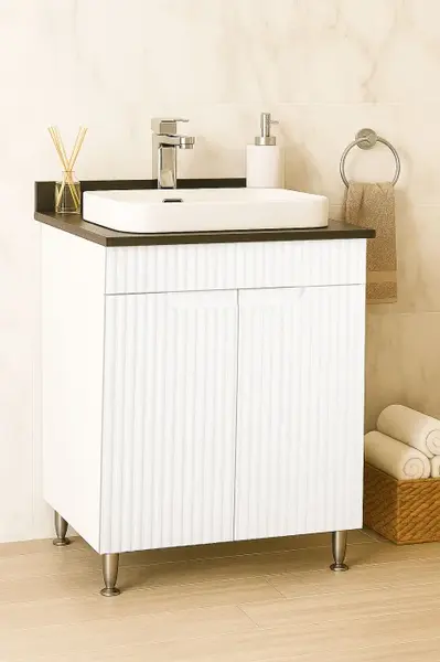 Set Baza front MDF si Lavoar seria 633, montat, 60 cm, alb rustic