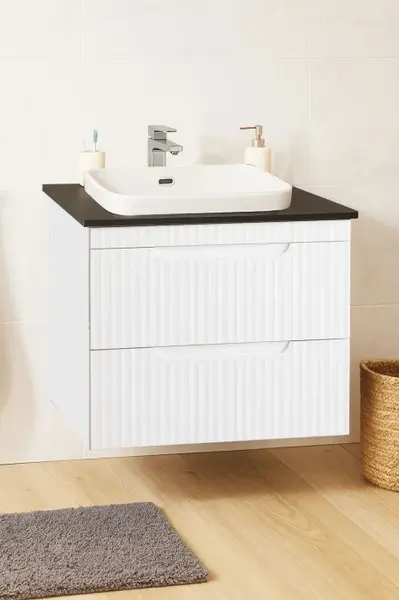 Set Baza front MDF si Lavoar seria 633, suspendata, cu sertare, montat, 60 cm, alb rustic