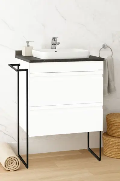 Set Baza front MDF si Lavoar seria 686, cu sertare, cadru metalic, 60 cm, alb