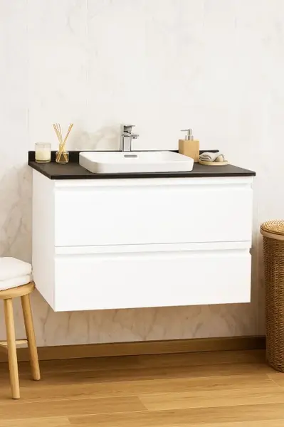 Set Baza front MDF si Lavoar seria 686, suspendata, cu sertare, montat, 80 cm, alb