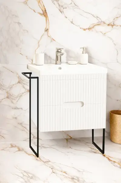 Set Baza front MDF si Lavoar seria 709, cadru metalic, cu sertare, 60 cm, alb