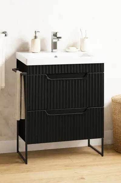 Set Baza front MDF si Lavoar seria 733, cadru metalic, cu sertare, montata, 60 cm, negru