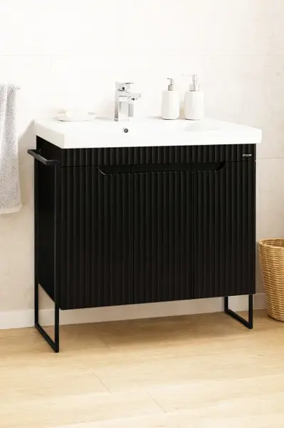 Set Baza front MDF si Lavoar seria 733, cadru metalic, montata, 80 cm, negru