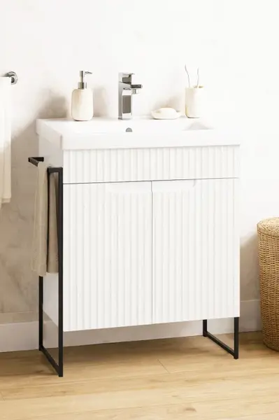 Set Baza front MDF si Lavoar seria 733, cadru metalic, montata, 60 cm, alb rustic
