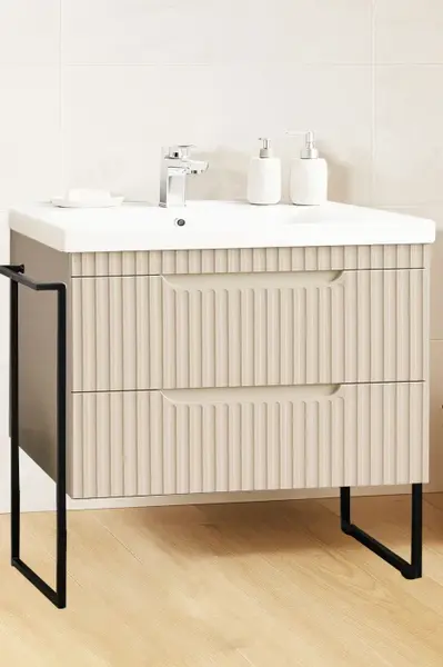 Set Baza front MDF si Lavoar seria 733, cadru metalic, sertare, montata, 80 cm, crem
