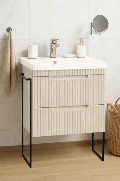Set Baza front MDF si Lavoar seria 733, cadru metalic, sertare, montata, 60 cm, crem